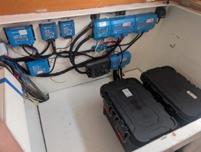 Completed Victron Energy system with MPPT solar controllers, Orion DC-DC chargers and lithium batteries installed on a boat